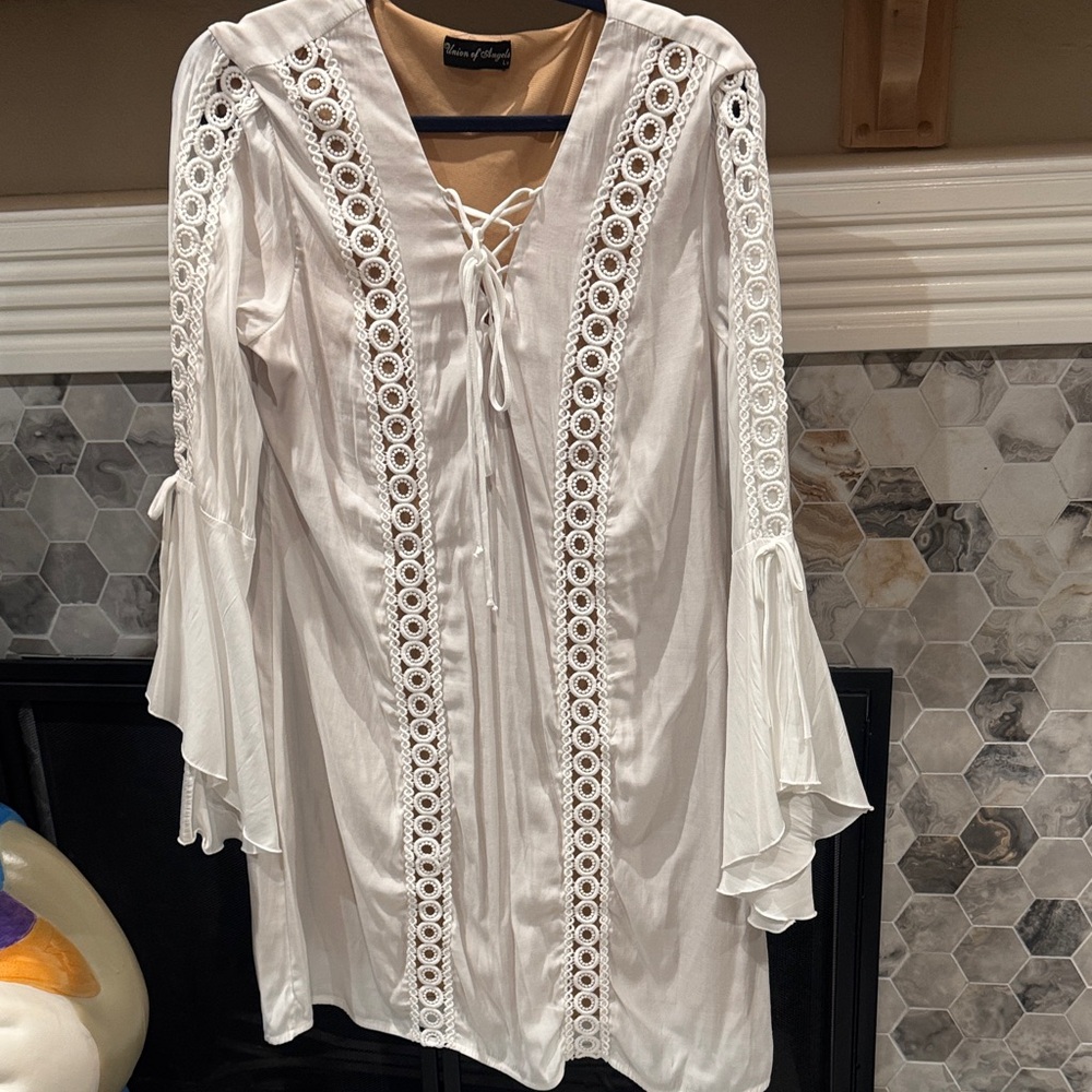 White Long Sleeve Dress with Lace Detailing